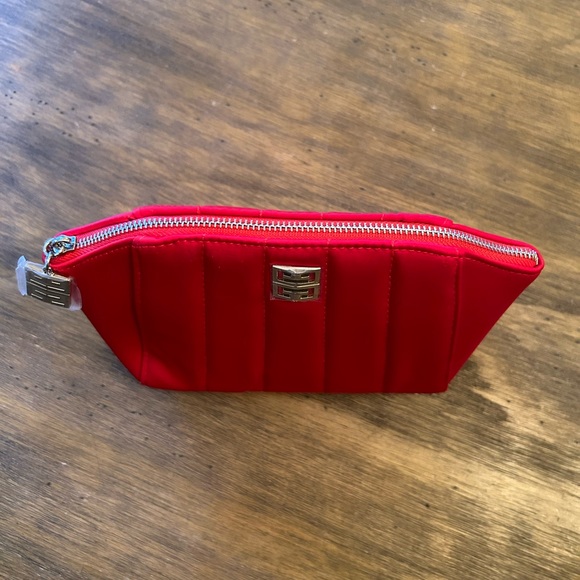 New GIVENCHY Women's Cosmetic Bag Red Silver Zippered Red Satin - Picture 10 of 14